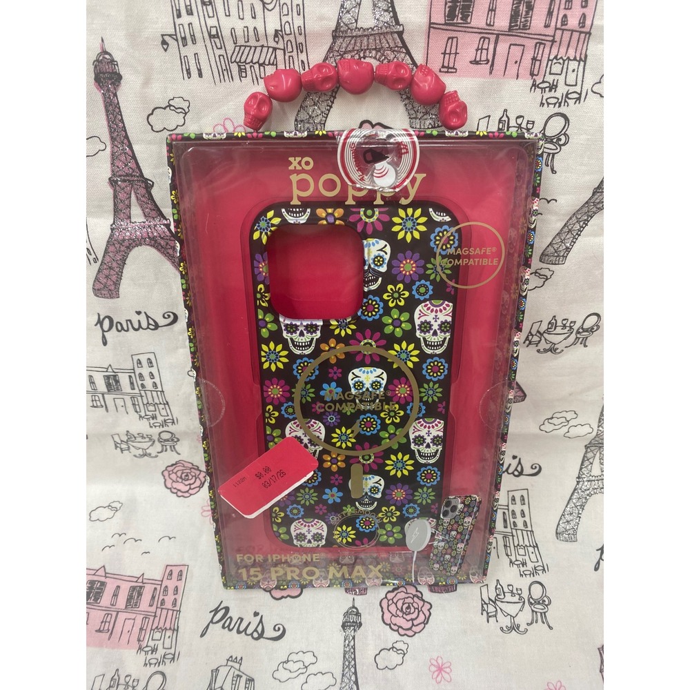 XO Poppy iPhone 15 Pro Max Case MagSafe Sugar Skull Floral Silicone Pink Skulls